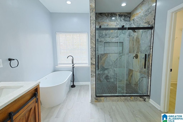 bathroom with vanity, plus walk in shower, and wood-type flooring