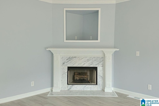 details featuring hardwood / wood-style flooring and a high end fireplace