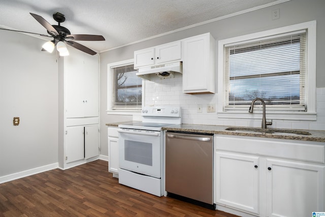 kitchen featuring dark wood-style floors, white electric range oven, a sink, dishwasher, and under cabinet range hood