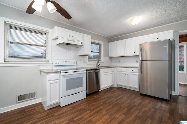 kitchen with visible vents, appliances with stainless steel finishes, white cabinets, a sink, and under cabinet range hood