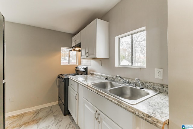 kitchen with white cabinetry, sink, and black electric range