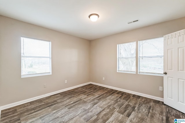 spare room featuring plenty of natural light and dark wood-type flooring