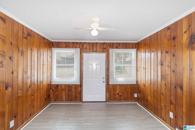 interior space with a wealth of natural light, wood walls, and light wood-type flooring