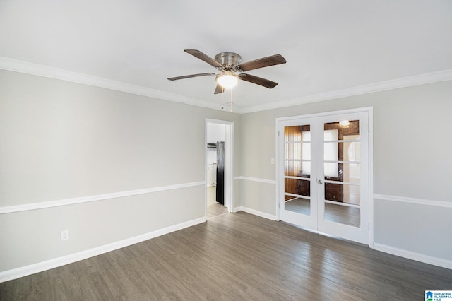 unfurnished room with french doors, dark hardwood / wood-style flooring, ceiling fan, and ornamental molding