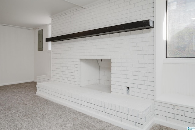 room details featuring electric panel, crown molding, and carpet floors