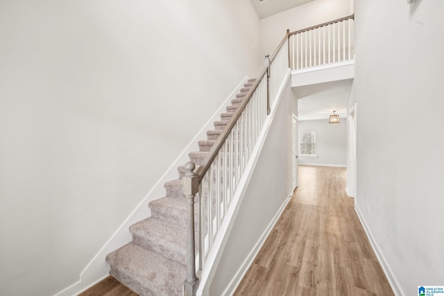 staircase with hardwood / wood-style floors