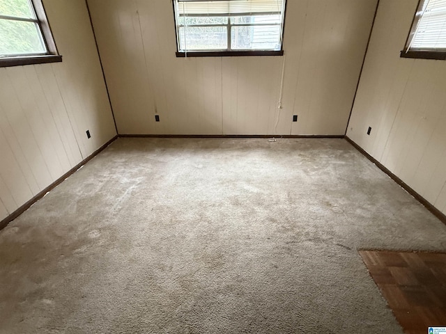 carpeted spare room with wooden walls and plenty of natural light