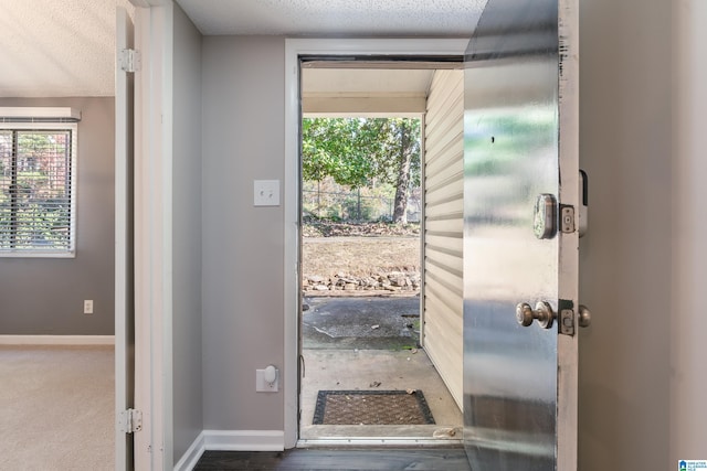 entryway with hardwood / wood-style floors and a textured ceiling