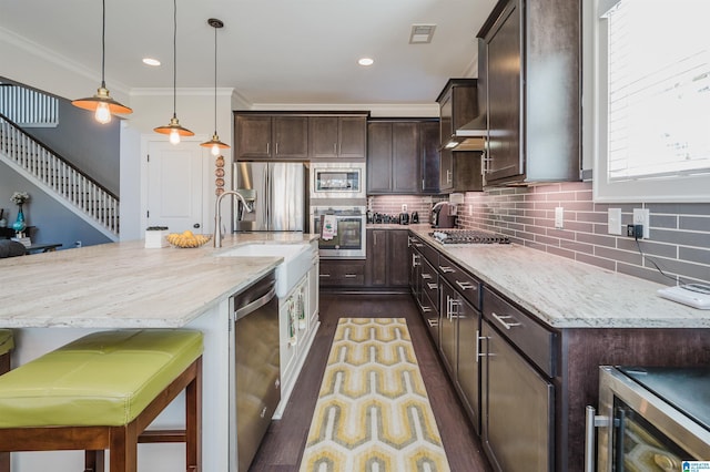 kitchen with ornamental molding, dark brown cabinets, stainless steel appliances, dark wood-type flooring, and decorative light fixtures