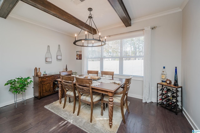 dining area featuring a notable chandelier, beam ceiling, ornamental molding, and dark wood-type flooring