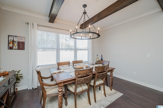 dining space with an inviting chandelier, beamed ceiling, dark wood-type flooring, and ornamental molding