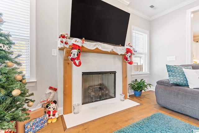 3087 Simms Lndg, Pelham, AL 35124 - living area featuring wood finished floors, a fireplace with flush hearth, healthy amount of natural light, and crown molding