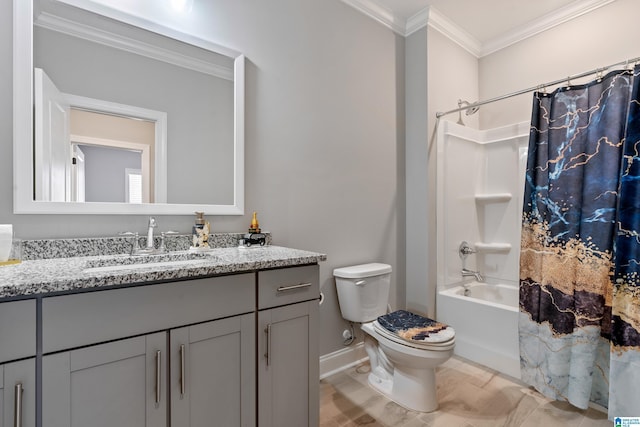 full bathroom featuring shower / bath combo with shower curtain, vanity, toilet, and crown molding