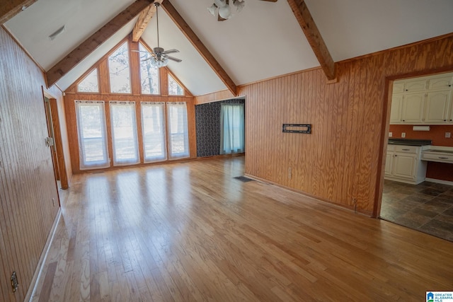 unfurnished living room with ceiling fan, wooden walls, high vaulted ceiling, light hardwood / wood-style flooring, and beamed ceiling