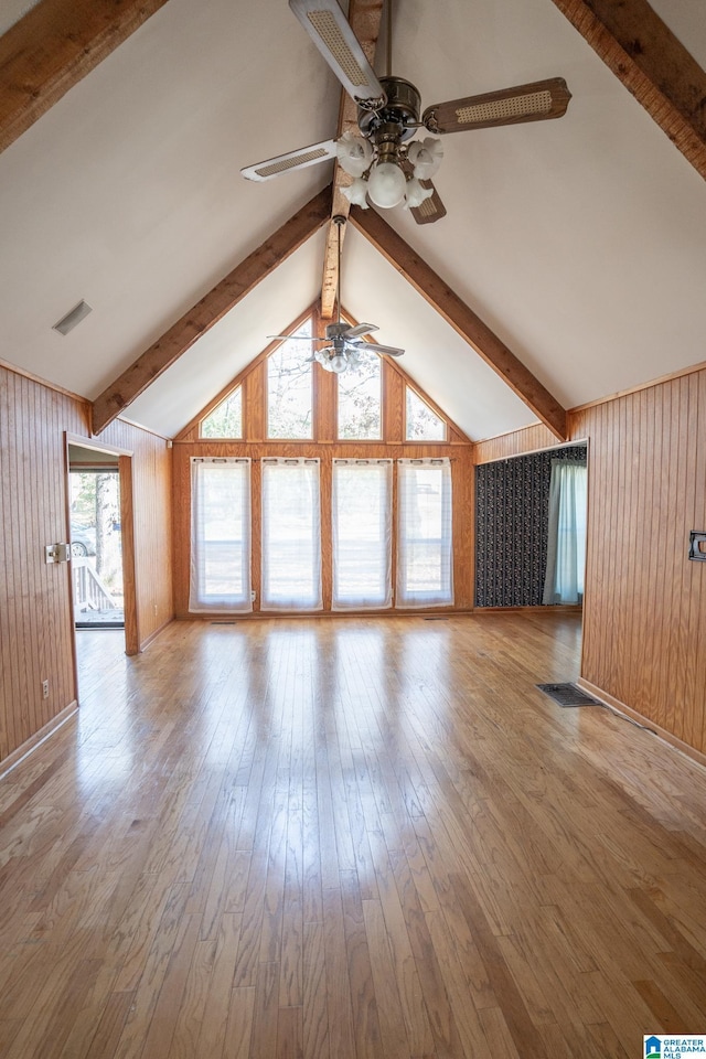 unfurnished living room featuring lofted ceiling with beams, light hardwood / wood-style flooring, ceiling fan, and wooden walls