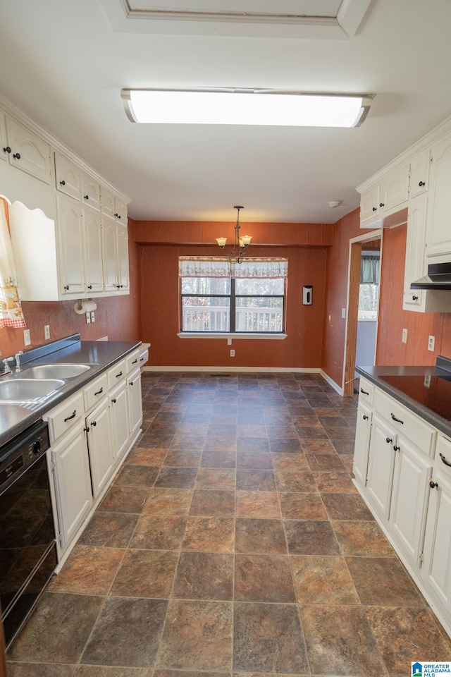 kitchen featuring sink, white cabinets, a chandelier, and black dishwasher