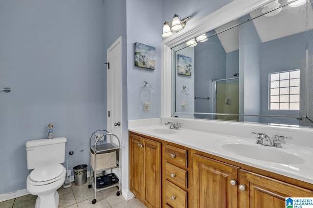 bathroom with tile patterned floors, vanity, toilet, and a shower with door