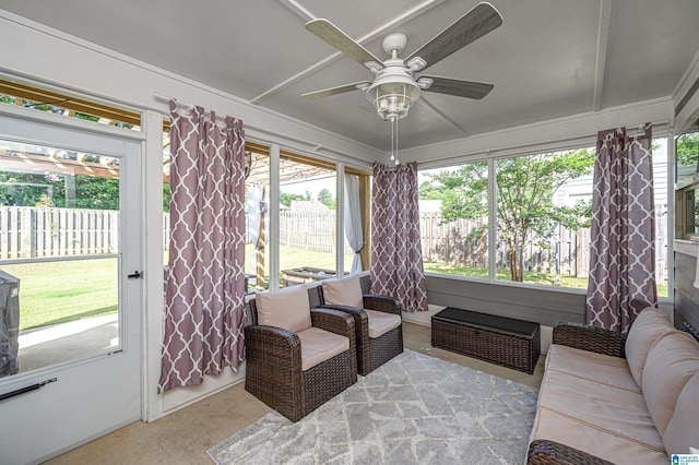 sunroom / solarium with ceiling fan and a wealth of natural light