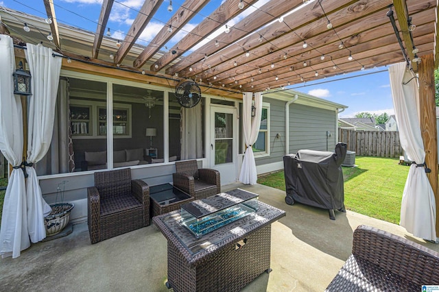 view of patio / terrace with a pergola and an outdoor fire pit