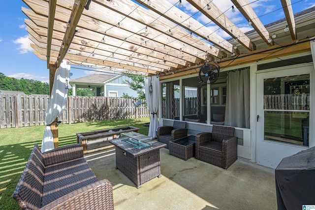 view of patio / terrace with a pergola, an outdoor fire pit, and a sunroom