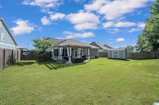 back of property featuring a pergola, a storage shed, outdoor lounge area, a patio area, and a lawn