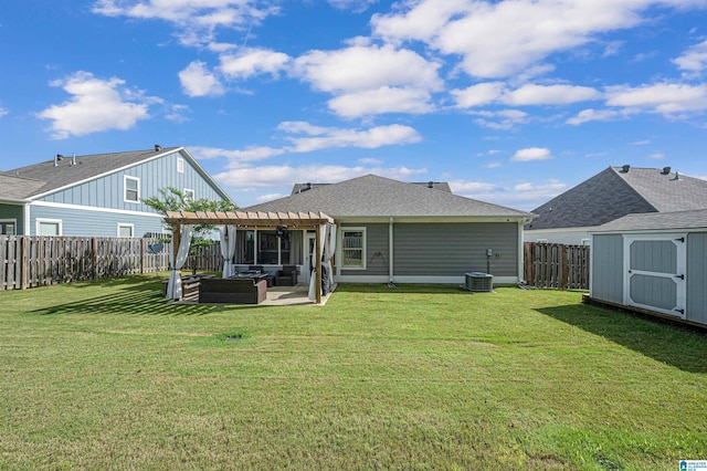 back of property featuring outdoor lounge area, a storage shed, a pergola, and a yard