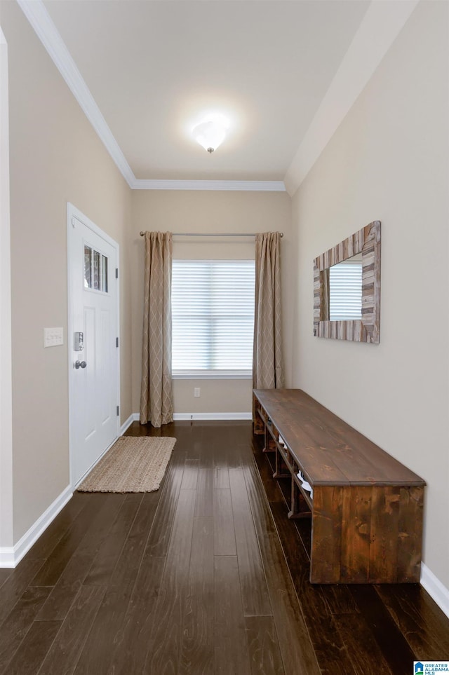 foyer featuring dark hardwood / wood-style flooring and ornamental molding