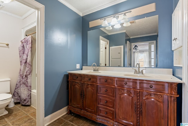 full bathroom featuring shower / bathtub combination with curtain, vanity, toilet, and ornamental molding