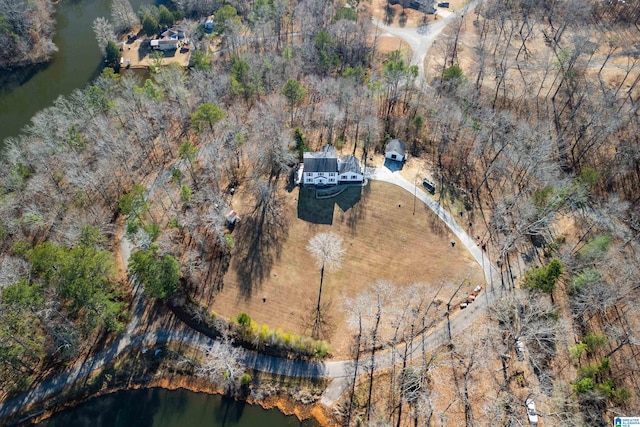 bird's eye view with a water view