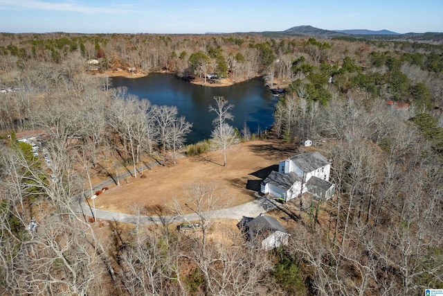 aerial view featuring a water and mountain view