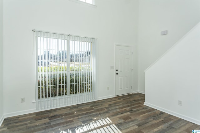 entrance foyer featuring dark hardwood / wood-style flooring, plenty of natural light, and a high ceiling