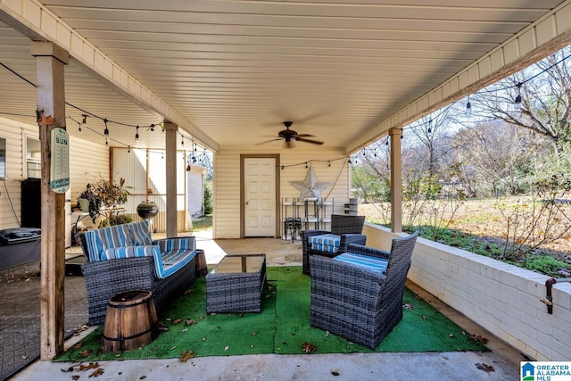 view of patio with ceiling fan, exterior bar, and an outdoor hangout area