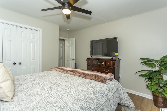 bedroom with ceiling fan, a closet, and hardwood / wood-style flooring