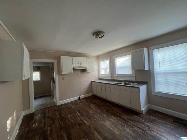 kitchen with sink, white cabinets, and dark wood-type flooring