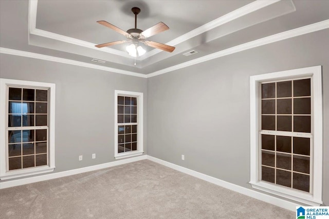 carpeted empty room featuring a raised ceiling, ceiling fan, and ornamental molding