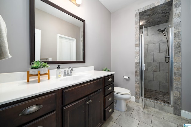 bathroom with tile patterned flooring, vanity, toilet, and walk in shower