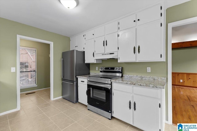 kitchen featuring white cabinets, wood walls, light wood-type flooring, and stainless steel appliances