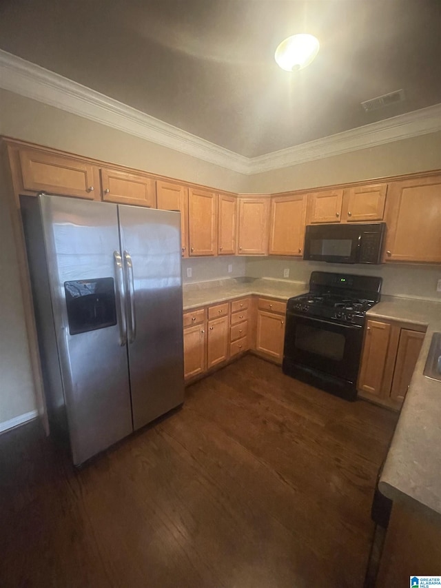 kitchen with crown molding, light brown cabinetry, black appliances, and dark hardwood / wood-style floors