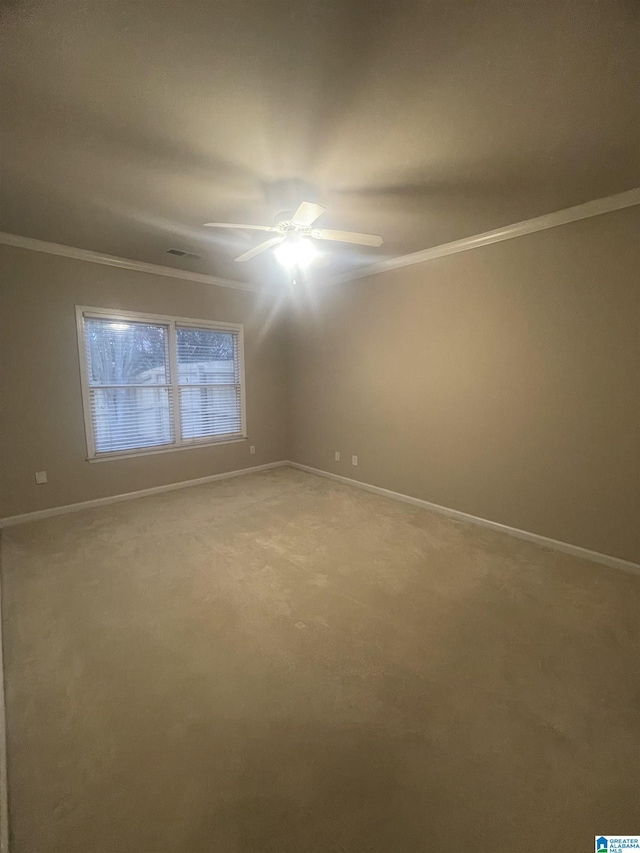 carpeted spare room with crown molding and ceiling fan