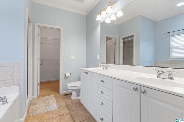 full bathroom featuring crown molding, tile patterned flooring, toilet, vanity, and shower with separate bathtub