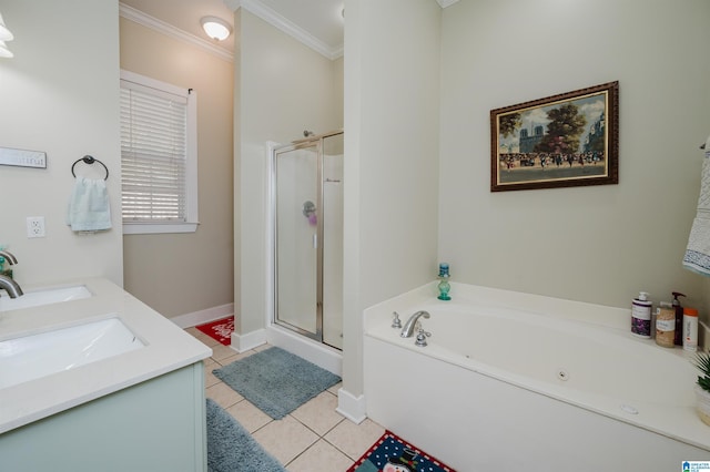 bathroom featuring shower with separate bathtub, vanity, tile patterned floors, and ornamental molding