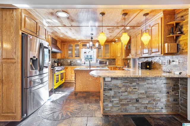 kitchen with wood ceiling, kitchen peninsula, pendant lighting, and stainless steel appliances