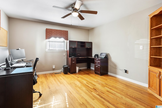 home office featuring ceiling fan and light wood-type flooring