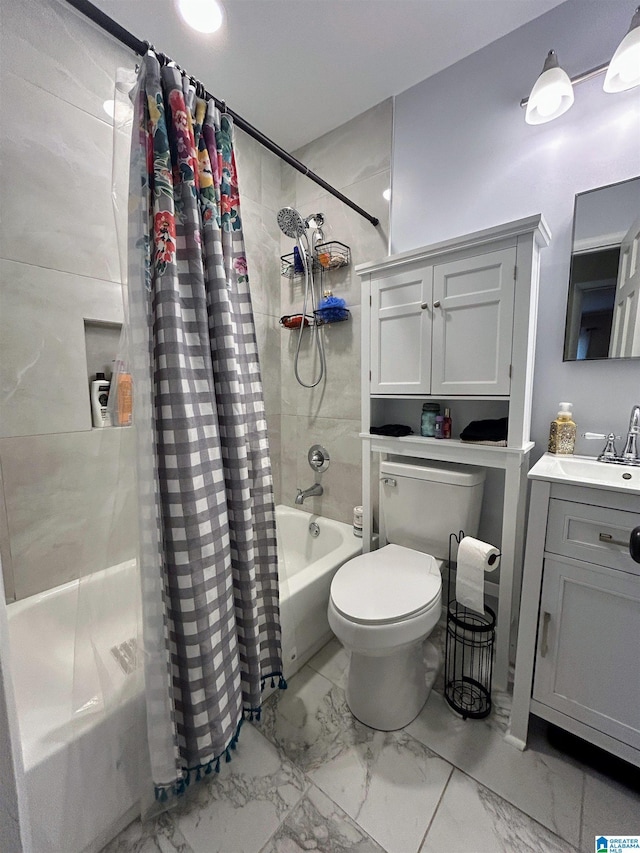 full bathroom with toilet, vanity, and shower / tub combo with curtain