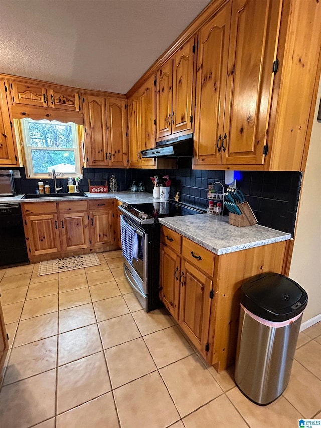 kitchen with ventilation hood, sink, decorative backsplash, stainless steel electric range oven, and black dishwasher