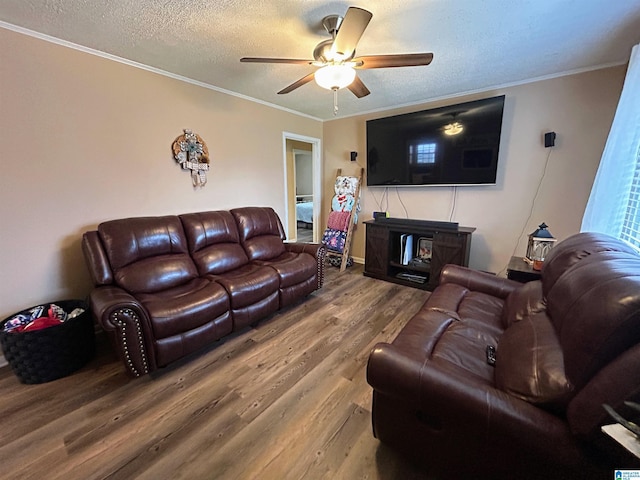 living room featuring ceiling fan, wood-type flooring, a textured ceiling, and ornamental molding