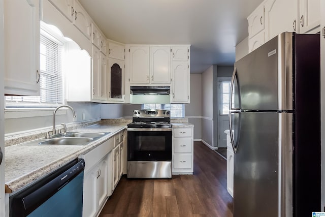 kitchen featuring white cabinets, stainless steel appliances, dark wood-type flooring, and sink