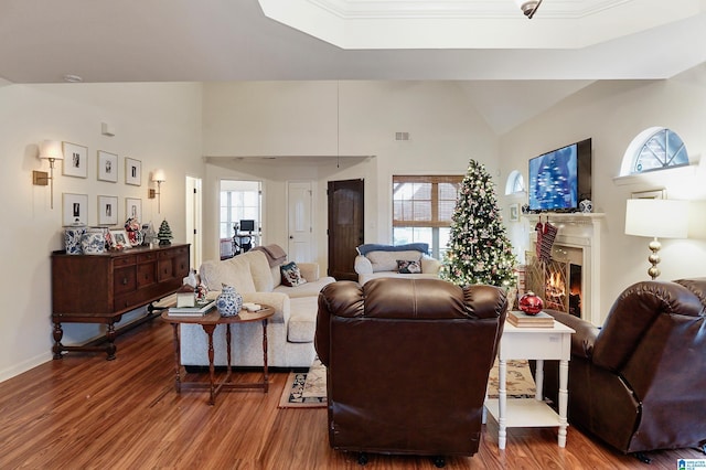 living room featuring plenty of natural light, vaulted ceiling, and hardwood / wood-style flooring