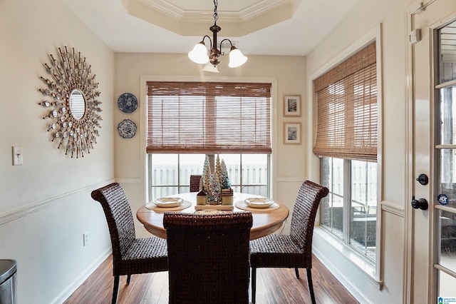 dining room featuring a raised ceiling, plenty of natural light, a chandelier, and wood-type flooring