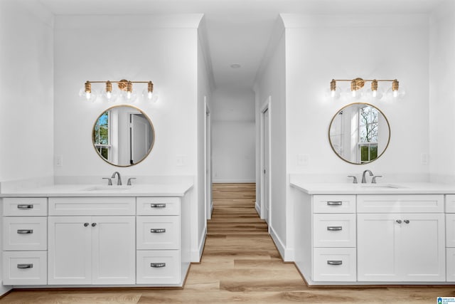 bathroom with hardwood / wood-style floors, vanity, and ornamental molding